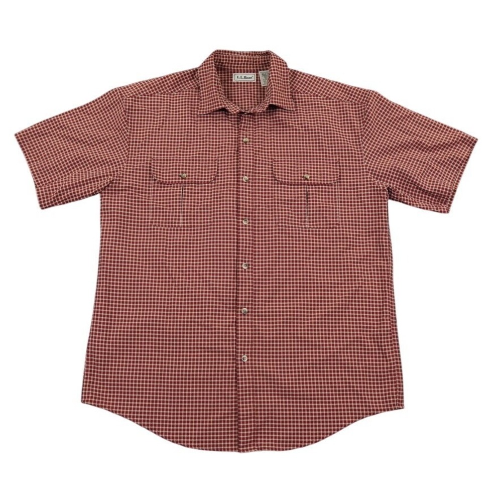 VTG LL Bean Sport Shirt Mens L Red Micro Check Camp Outdoor Hiking Seersucker